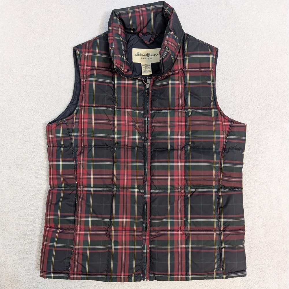 Eddie Bauer Goose‎ Down Vest Womens XS Plaid Full Zip Pockets